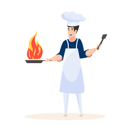 Chef experto cocinando y sosteniendo una sartén  Ilustración