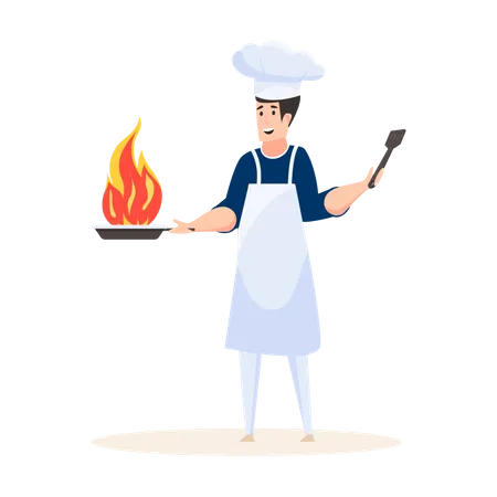 Chef experto cocinando y sosteniendo una sartén  Ilustración