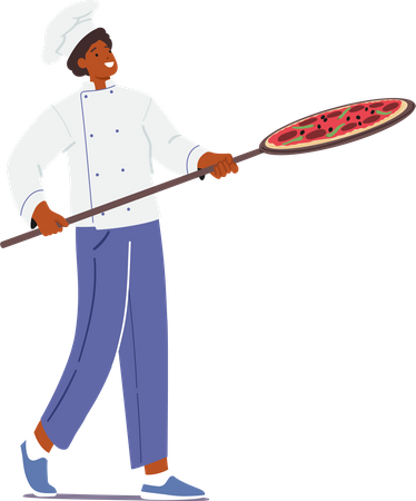 Chef experto equilibra de manera experta pizza recién horneada en una pala de madera rústica  Ilustración