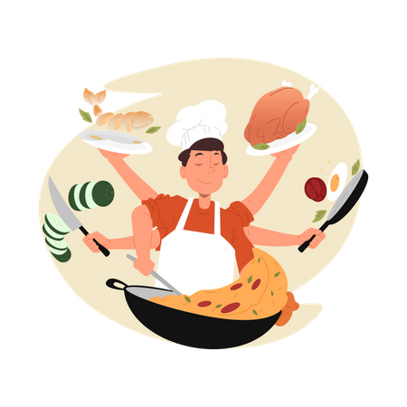 Chef experto preparando comida  Ilustración