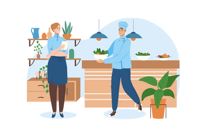 Kitchen Blue Concept With People Scene In The Flat Cartoon Style Chef Explains To His Assistant How To Prepare Dishes Vector Illustration Illustration