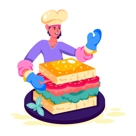 Chef préparant un sandwich aux légumes  Illustration