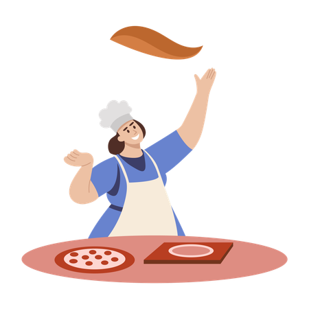 Chef préparant une pizza fraîche à la poêle  Illustration