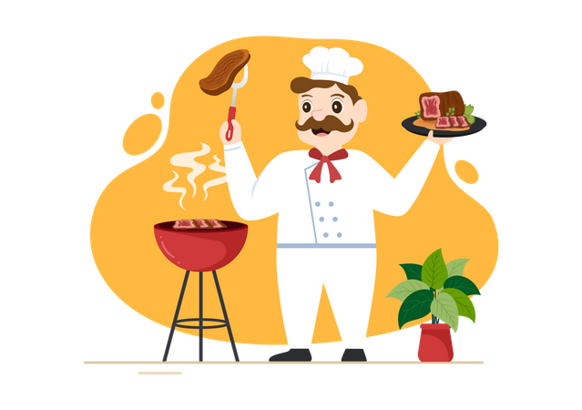 Chef préparant de la viande grillée avec un steak délicieux et juteux  Illustration