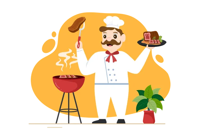 Chef préparant de la viande grillée avec un steak délicieux et juteux  Illustration