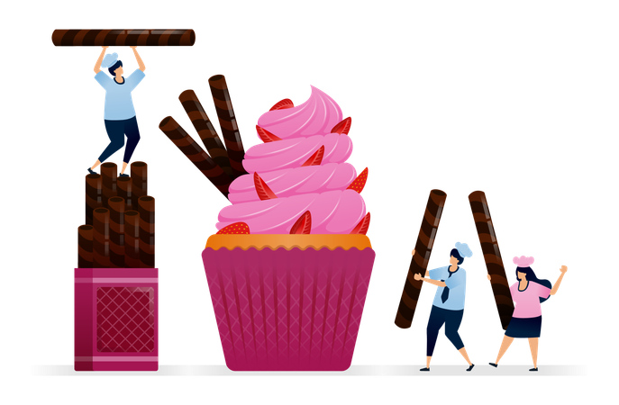 Chef faz cobertura de cupcake com pedaços de morango vermelho e cobertura rosa com rolinhos de wafer Ilustração