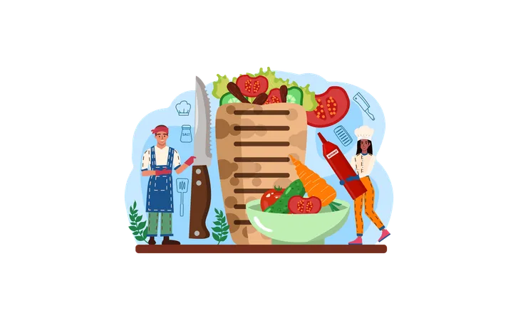 Banner Da Web Ou Pagina De Destino Do Fabricante Shawarma Chef Cozinhando Delicioso Rolo De Comida De Rua Com Carne Salada E Tomate Cafe De Fast Food Kebab Ilustracao Vetorial Em Estilo Cartoon Ilustração
