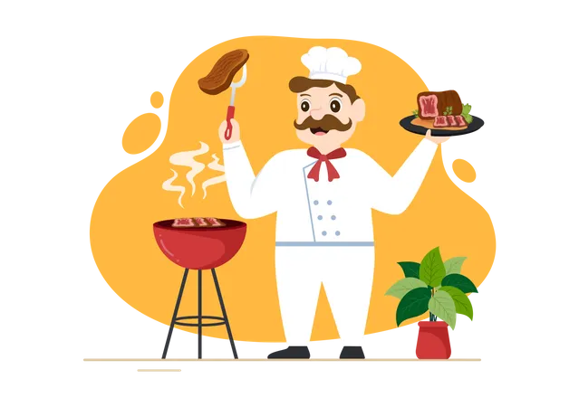 Chef fazendo carne grelhada com bife delicioso e suculento  Ilustração