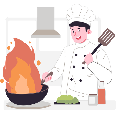 Chef fazendo comida na cozinha  Ilustração