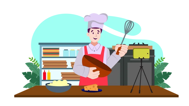 Chef fazendo vlog de comida  Ilustração