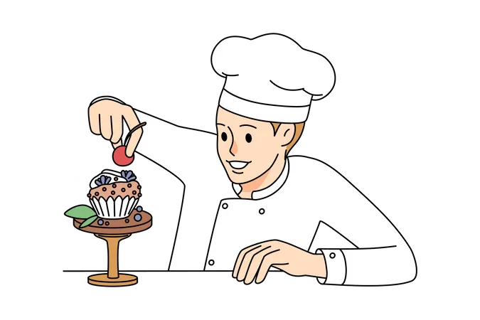 Chef fazendo cupcakes  Ilustração