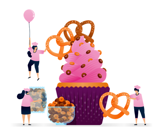 Chef fazendo muffin com cobertura de pretzel salgado salgado e uma pitada de cereal matinal de chocolate. Ilustrações podem ser usadas para capas de livros de receitas, banners, folhetos, anúncios  Ilustração