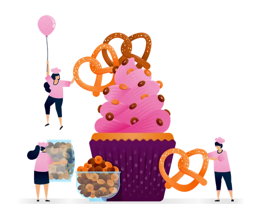 Chef fazendo muffin com cobertura de pretzel salgado salgado e uma pitada de cereal matinal de chocolate. Ilustrações podem ser usadas para capas de livros de receitas, banners, folhetos, anúncios  Ilustração