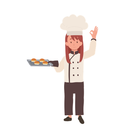 Chef feliz fazendo sinal de mão OK e segurando pão fresco na bandeja na outra mão  Ilustração