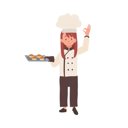 Chef feliz fazendo sinal de mão OK e segurando pão fresco na bandeja na outra mão  Ilustração