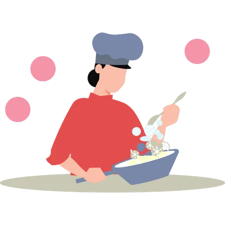 Chef feminina cozinhando comida  Ilustração