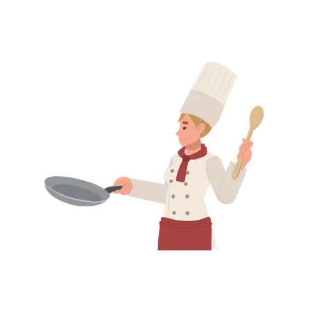 Chef feminina cozinhando comida  Ilustração