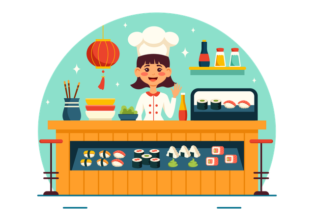 Chef feminina diz olá no sushi bar  Ilustração