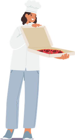 Chef feminina exibe com orgulho pizza recém-assada em caixa aberta  Ilustração