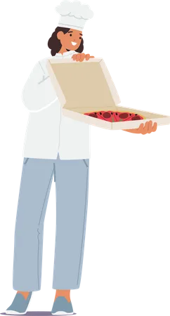 Chef feminina exibe com orgulho pizza recém-assada em caixa aberta  Ilustração