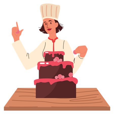 Chef feminina fazendo bolo  Ilustração