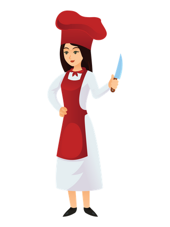 Chef feminina segurando a faca na mão  Ilustração