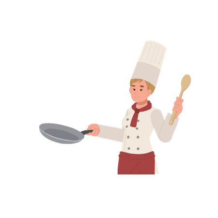 Chef feminina segurando a panela enquanto cozinha comida  Ilustração