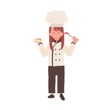 Chef de garoto fofo desfrutando de sushi com pauzinhos  Ilustração