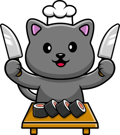 Chef Gato Com Sushi E Faca  Ilustração