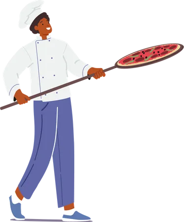 Chef habilidoso equilibra habilmente pizza recém-assada em pá de madeira rústica  Ilustração