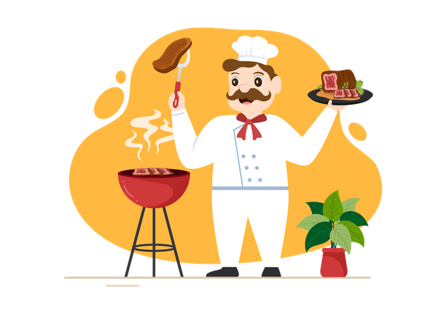 Chef haciendo carne a la parrilla con jugoso y delicioso bistec  Ilustración