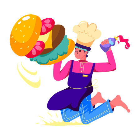 Chef haciendo hamburguesas  Ilustración