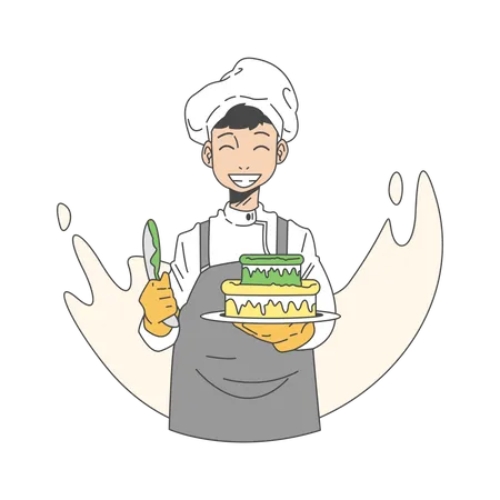 Chef haciendo pastel de cumpleaños  Ilustración