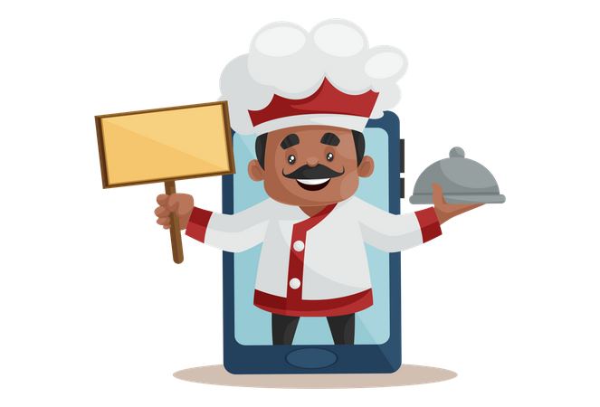 Chef tenant planche et recette sur écran mobile comme concept de commande en ligne  Illustration