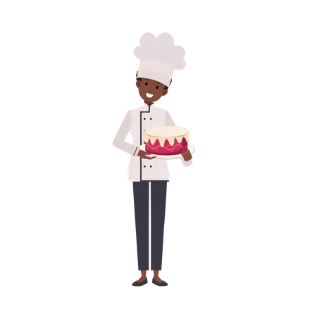 African American Woman Characters Cooking Chef Is Serving Food Red Velvet Cake Flat Vector Cartoon Character Illustration Illustration