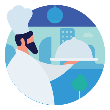 Chef Holding Cloche In Hand  Illustration