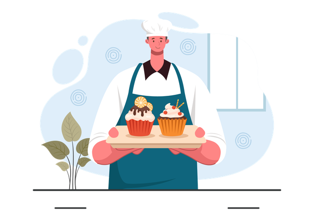 Chef holding pastry  Illustration