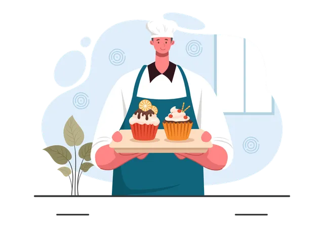 Chef holding pastry  Illustration