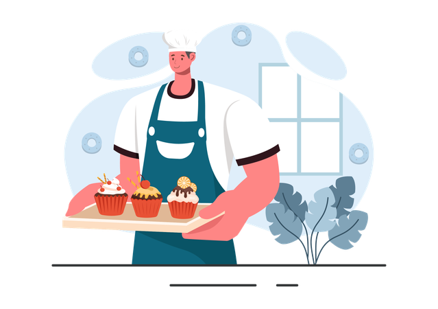 Chef tenant une pâtisserie  Illustration