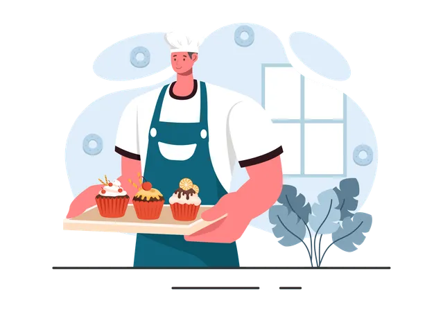 Chef tenant une pâtisserie  Illustration