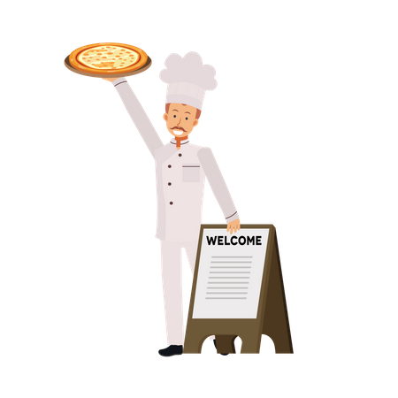 Chef Holding Pizza Dish  Illustration