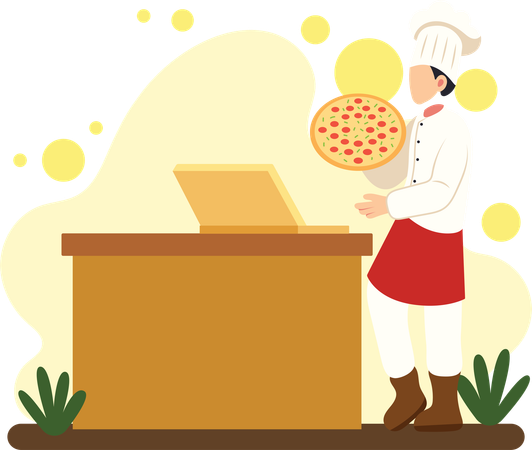 Chef holding pizza in restaurant  Illustration