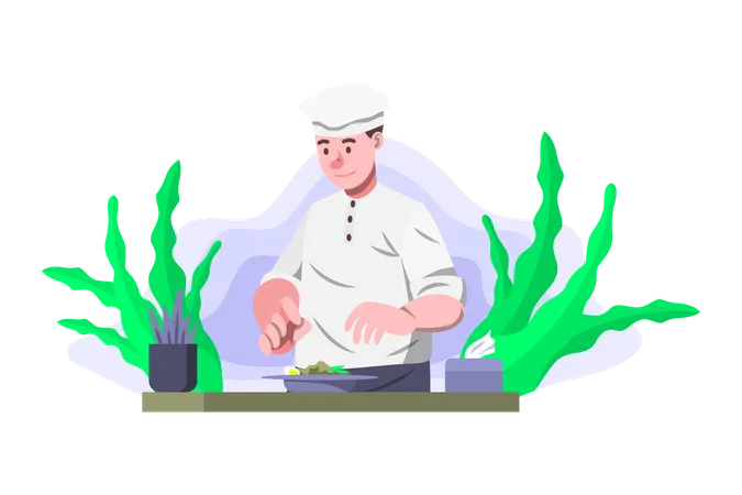 Chef masculino cocinando comida  Ilustración