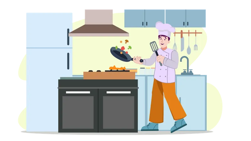 Chef masculino cocinando comida  Ilustración