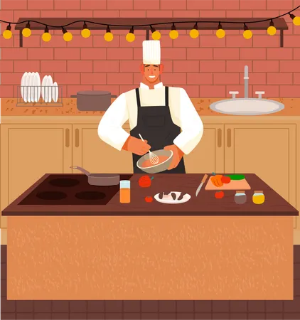 Chef hombre cocinar plato en la cocina  Ilustración