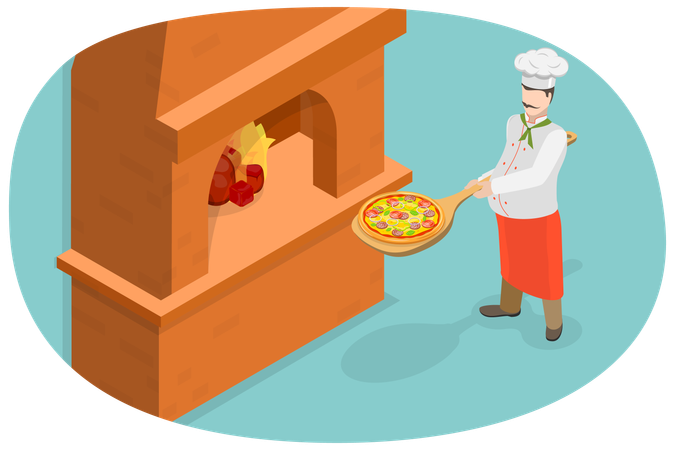 Chef masculino haciendo pizza en horno de piedra  Ilustración