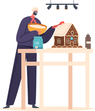 Chef masculino horneando postre de casa de pan de jengibre  Ilustración