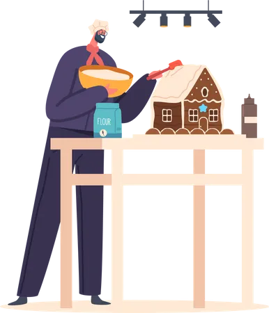 Chef masculino horneando postre de casa de pan de jengibre  Ilustración
