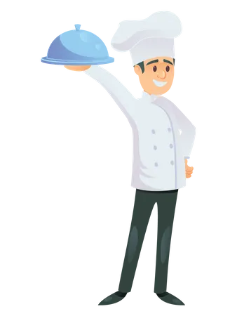 Chef masculino sosteniendo cloche en la mano  Ilustración