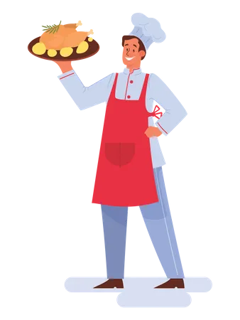 Chef masculino sosteniendo plato de pollo  Ilustración